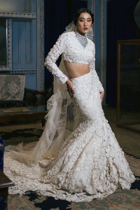 Shop_Mishru_Ivory Tulle Sequins, Cosmos Floral Embroidered Bridal Fishtail Lehenga Set _at_Aza_Fashions