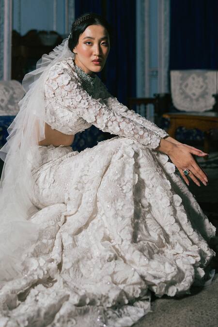 Mishru_Ivory Tulle Sequins, Cosmos Floral Embroidered Bridal Fishtail Lehenga Set _Online_at_Aza_Fashions