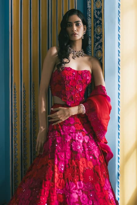 Mishru_Red Tulle Embroidery, Sequins, Crystals Edwina Floral Bridal Lehenga Corset Set _Online_at_Aza_Fashions