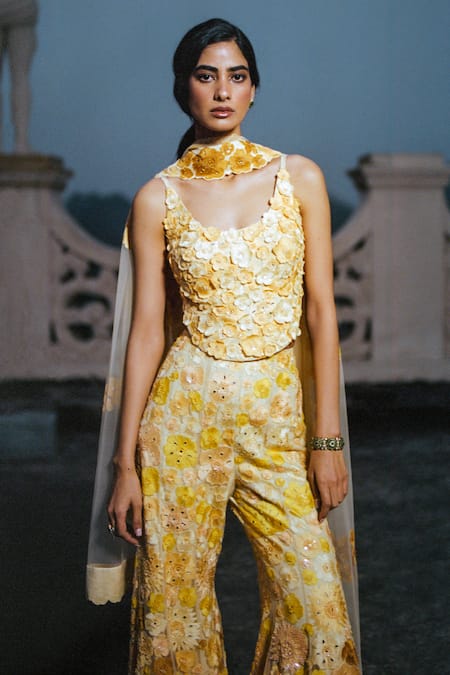 Shop_Mishru_Yellow Chanderi, Tulle Sequins, Crystals, Amaya Floral Bunches Top Sharara Set _at_Aza_Fashions