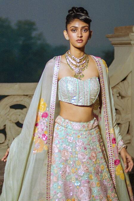 Mishru_Green Chanderi, Organza Iris Floral Bunch Embroidered Bridal Lehenga Set _Online_at_Aza_Fashions