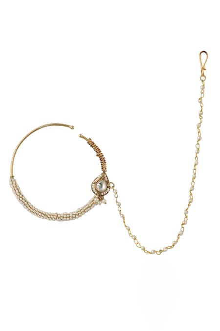 Shop Riana Jewellery White Pearls, Glitter, Stones And Embellished Nath at Aza Fashions Shop_Riana Jewellery_White Pearls, Glitter, Stones And Embellished Nath _at_Aza_Fashions