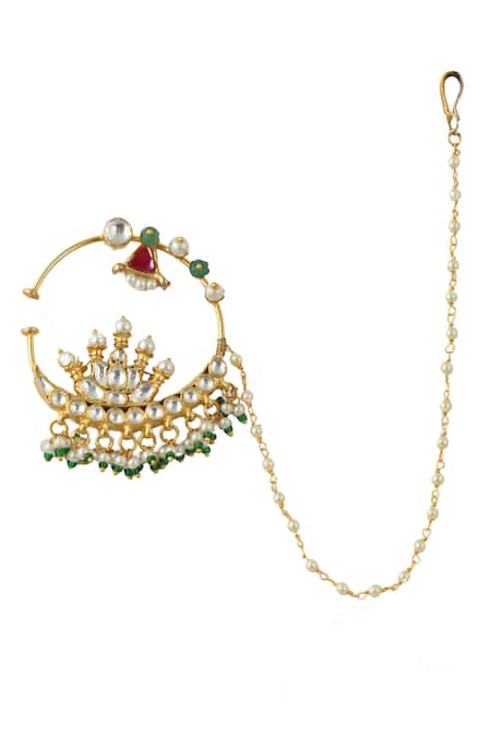 Shop Riana Jewellery White Pearls, Crystals, Stones Lotus Carved Nath at Aza Fashions Shop_Riana Jewellery_White Pearls, Crystals, Stones Lotus Carved Nath _at_Aza_Fashions