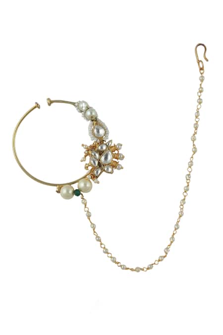 Shop Riana Jewellery White Pearls, Glitter, Stones Flower Shaped Nath at Aza Fashions Shop_Riana Jewellery_White Pearls, Glitter, Stones Flower Shaped Nath _at_Aza_Fashions