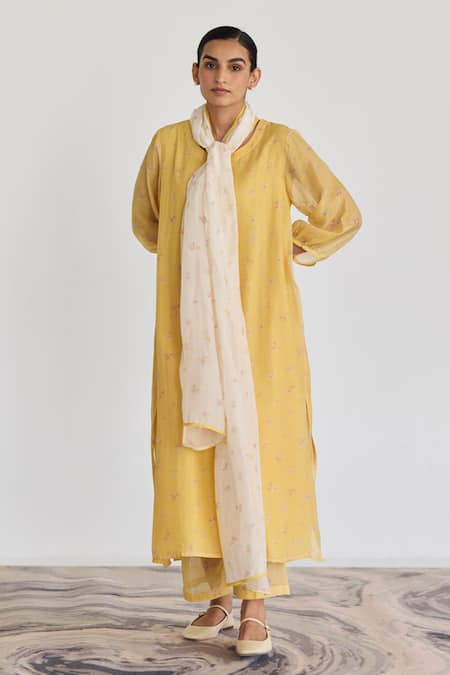 Juanita by Shubhda Yellow Handwoven Chanderi Print Florette Round Collar Kurta Set