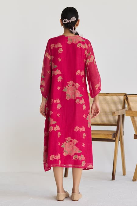 Buy_Juanita By Shubhda_Pink Cotton, Chanderi Embroidery Bougainvillea Florence Print Kurta With Trouser