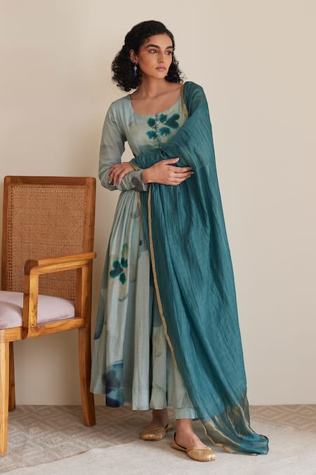 Juanita By Shubhda_Blue Cotton Zari Round Neck Sham Watercolor Bloom Print Anarkali Set_Online_at_Aza_Fashions