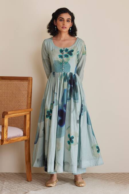 Buy_Juanita By Shubhda_Blue Cotton Zari Round Neck Sham Watercolor Bloom Print Anarkali Set_Online_at_Aza_Fashions