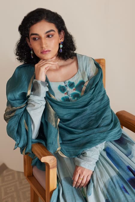 Buy_Juanita By Shubhda_Blue Cotton Zari Round Neck Sham Watercolor Bloom Print Anarkali Set