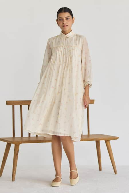 Juanita by Shubhda Ivory Chanderi Print Vintage Ditsy Peter Pan Collar Neck Sia Dress 