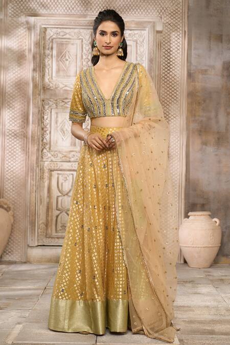 Rishi & Vibhuti x AZA Yellow Chanderi Woven Mirror Plunged V Floral Pattern Lehenga Set 