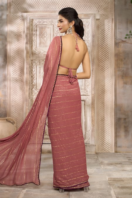 Rishi and Vibhuti X AZA Shimmer Striped Saree With Halter Neck Blouse 