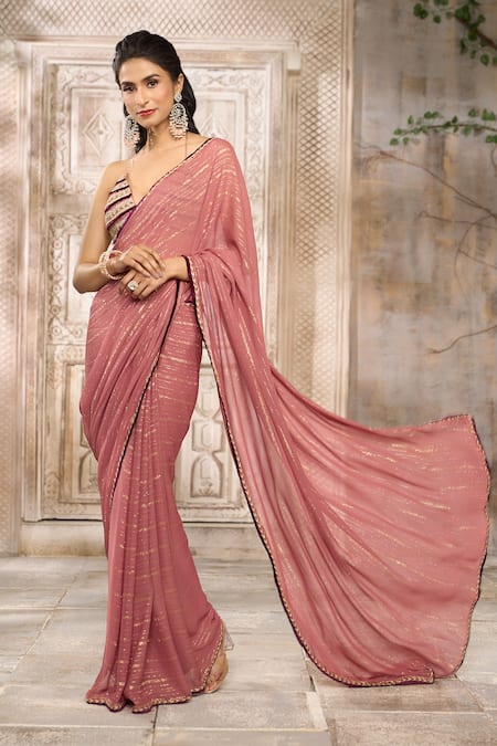 Shop Rishi and Vibhuti X AZA Pink Georgette, Crepe Embroidery Halter Neck Shimmer Striped Saree With Blouse Online at Aza Fashions Shop_Rishi and Vibhuti X AZA_Pink Georgette, Crepe Embroidery Halter Neck Shimmer Striped Saree With Blouse _Online_at_Aza_Fashions