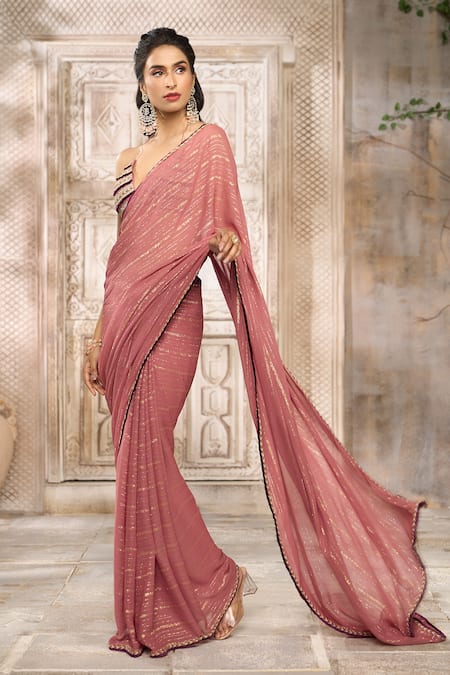 Rishi and Vibhuti X AZA Pink Georgette, Crepe Embroidery Halter Neck Shimmer Striped Saree With Blouse at Aza Fashions Rishi and Vibhuti X AZA_Pink Georgette, Crepe Embroidery Halter Neck Shimmer Striped Saree With Blouse _at_Aza_Fashions