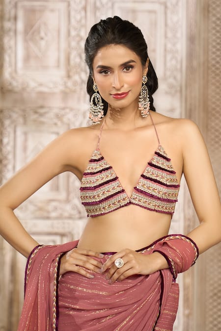 Buy Rishi and Vibhuti X AZA Pink Georgette, Crepe Embroidery Halter Neck Shimmer Striped Saree With Blouse Buy_Rishi and Vibhuti X AZA_Pink Georgette, Crepe Embroidery Halter Neck Shimmer Striped Saree With Blouse