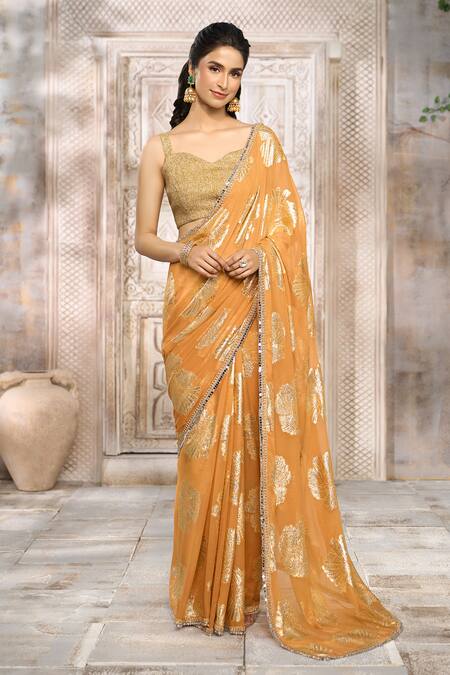 Rishi & Vibhuti x AZA Yellow Georgette Flower Sweetheart Pattern Saree With Blouse 