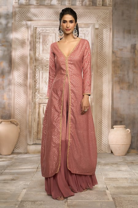 Rishi & Vibhuti x AZA Pink Chanderi Polka Plunged V Slit Kurta And Pleated Sharara Set 