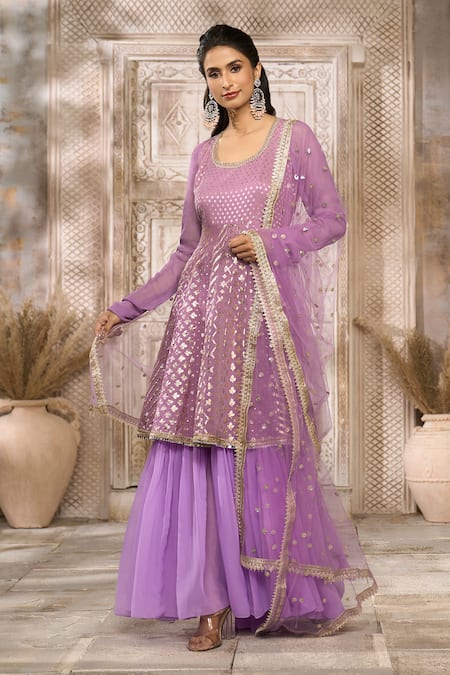Rishi & Vibhuti x AZA Purple Georgette Woven Floral U Neck Pattern Anarkali With Dupatta 