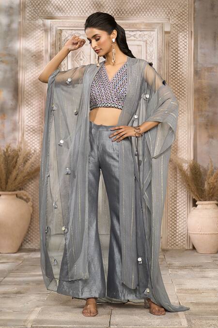 Rishi & Vibhuti x AZA Grey Dupion Embellished Striped V Neck Tassel Cape With Pant Set 