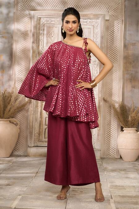 Rishi & Vibhuti x AZA Red Chanderi Woven Floral Asymmetric Flared Top And Pant Set 