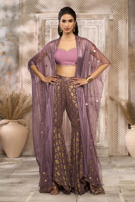 Rishi & Vibhuti x AZA Purple Dupion Woven Polka Blouse Sweetheart Floral Sharara Cape Set 