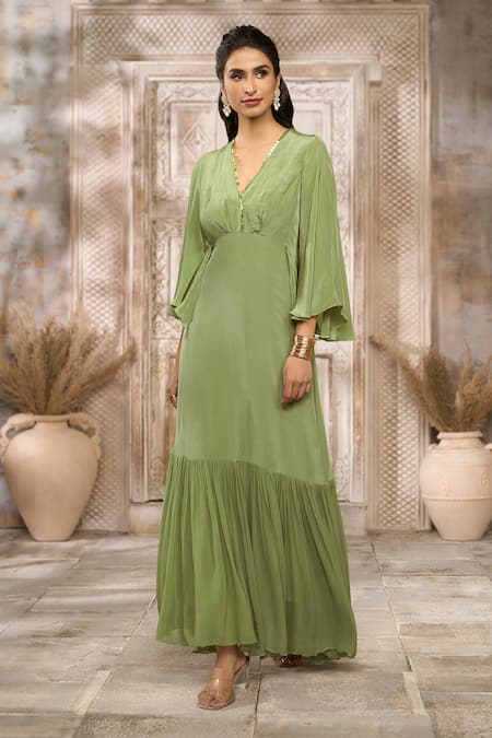 Buy Rishi and Vibhuti X AZA Green Crepe, Georgette Bows, Sequins V-neck Frill Dress With Embellished Belt Online at Aza Fashions Buy_Rishi and Vibhuti X AZA_Green Crepe, Georgette Bows, Sequins V-neck Frill Dress With Embellished Belt _Online_at_Aza_Fashions