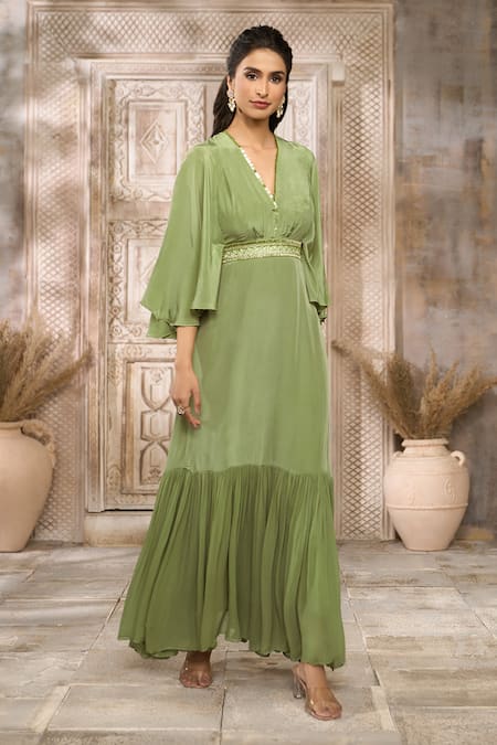 Shop Rishi and Vibhuti X AZA Green Crepe, Georgette Bows, Sequins V-neck Frill Dress With Embellished Belt Online at Aza Fashions Shop_Rishi and Vibhuti X AZA_Green Crepe, Georgette Bows, Sequins V-neck Frill Dress With Embellished Belt _Online_at_Aza_Fashions
