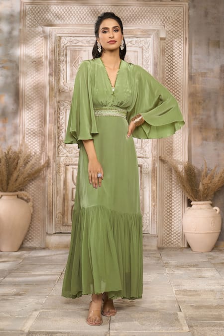 Buy Rishi and Vibhuti X AZA Green Crepe, Georgette Bows, Sequins V-neck Frill Dress With Embellished Belt Buy_Rishi and Vibhuti X AZA_Green Crepe, Georgette Bows, Sequins V-neck Frill Dress With Embellished Belt