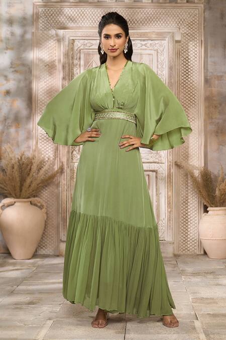 Shop Rishi and Vibhuti X AZA Green Crepe, Georgette Bows, Sequins V-neck Frill Dress With Embellished Belt Shop_Rishi and Vibhuti X AZA_Green Crepe, Georgette Bows, Sequins V-neck Frill Dress With Embellished Belt