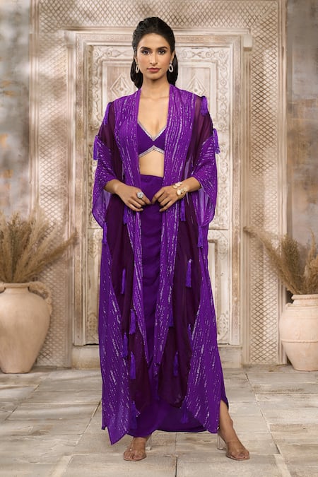 Rishi & Vibhuti x AZA Purple Crepe Embroidered Tassel Plunged V Draped Skirt Set With Cape 