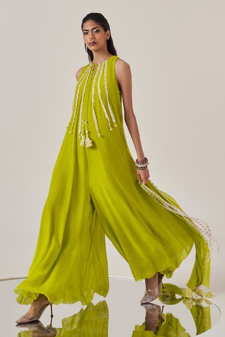 Madzin Spring Green Sequined Jumpsuit & Dupatta 