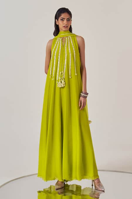 Madzin_Green Silk Flat Chiffon Embellished Sequins Round Spring Jumpsuit And Dupatta _Online_at_Aza_Fashions