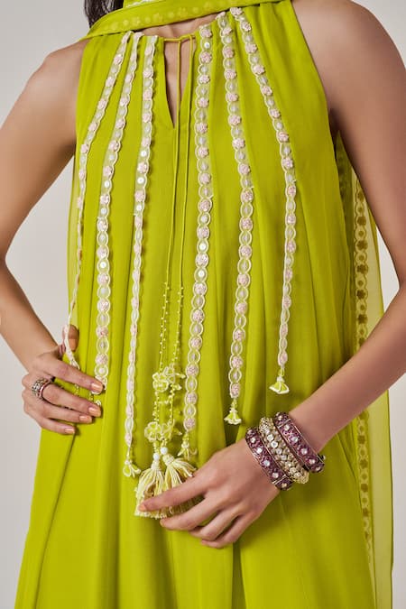 Shop_Madzin_Green Silk Flat Chiffon Embellished Sequins Round Spring Jumpsuit And Dupatta _Online_at_Aza_Fashions