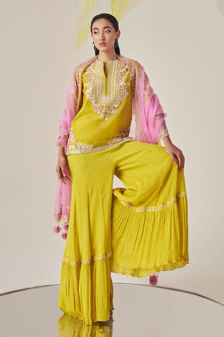 MADZIN Yellow Silk Chanderi Hand Embroidery Gota Notched Neck Kurta Sharara Set