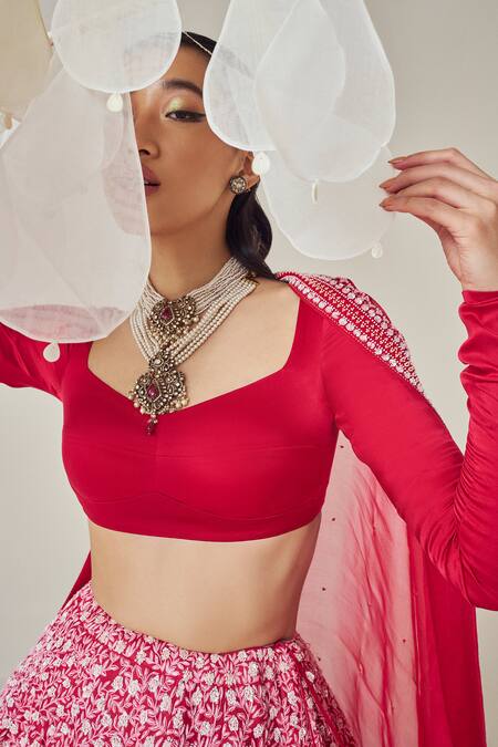 Madzin_Red Silk Organza Sequins, Tassels Floral Embroidered Bridal Lehenga Set _Online_at_Aza_Fashions