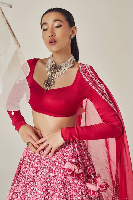 Buy_Madzin_Red Silk Organza Sequins, Tassels Floral Embroidered Bridal Lehenga Set _Online_at_Aza_Fashions