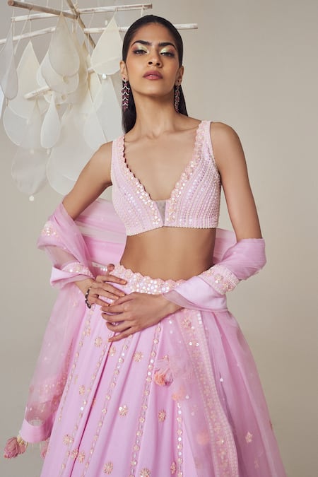 Madzin Purple Organza, Sequins, Embroidery V-neck Flower Panel Lehenga Set Online at Aza Fashions Madzin_Purple Organza, Sequins, Embroidery V-neck Flower Panel Lehenga Set _Online_at_Aza_Fashions