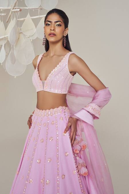 Buy Madzin Purple Organza, Sequins, Embroidery V-neck Flower Panel Lehenga Set Online at Aza Fashions Buy_Madzin_Purple Organza, Sequins, Embroidery V-neck Flower Panel Lehenga Set _Online_at_Aza_Fashions