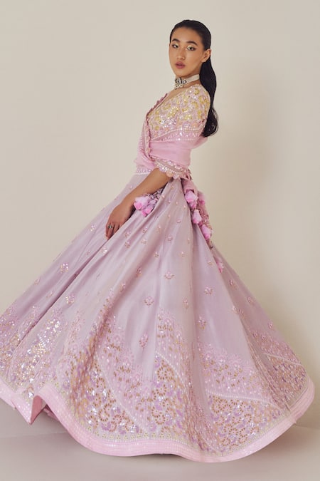 Madzin_Purple Organza, Denim, Sequins, Embroidery, And Bridal Lehenga Set _Online_at_Aza_Fashions