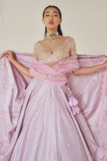 Buy_Madzin_Purple Organza, Denim, Sequins, Embroidery, And Bridal Lehenga Set _Online_at_Aza_Fashions