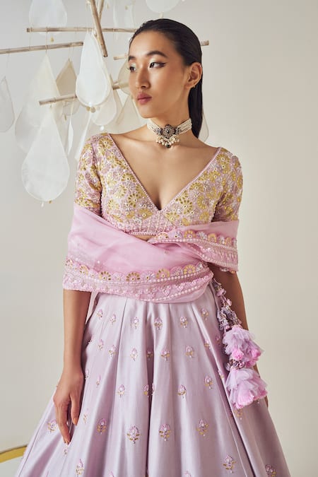 Shop_Madzin_Purple Organza, Denim, Sequins, Embroidery, And Bridal Lehenga Set _Online_at_Aza_Fashions