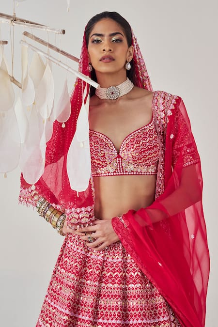 Buy_Madzin_Red , Organza Sequins, Applique, Aari Embroidered Bridal Lehenga Set _Online_at_Aza_Fashions