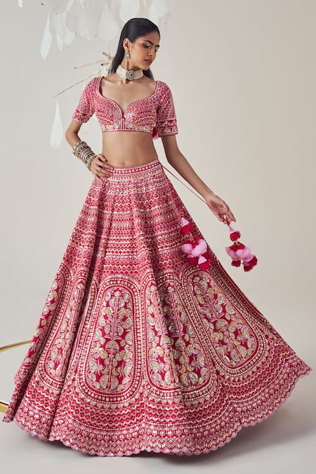 Shop_Madzin_Red , Organza Sequins, Applique, Aari Embroidered Bridal Lehenga Set _Online_at_Aza_Fashions