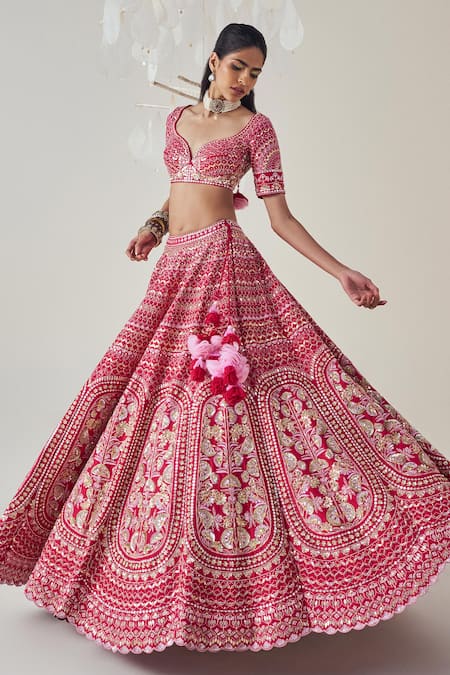 Madzin_Red , Organza Sequins, Applique, Aari Embroidered Bridal Lehenga Set _at_Aza_Fashions