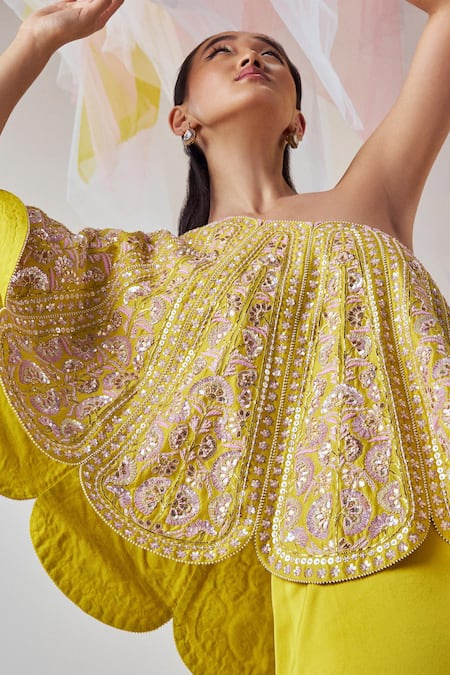 Madzin Hand Embroidered One Shoulder Top With Skirt 