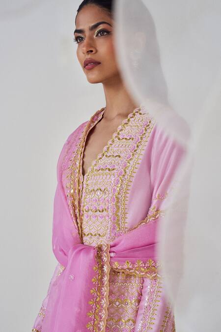 Madzin_Purple Silk, Chanderi, Modal Gota Patti, Thread And Work Jacket Sharara Set _Online_at_Aza_Fashions