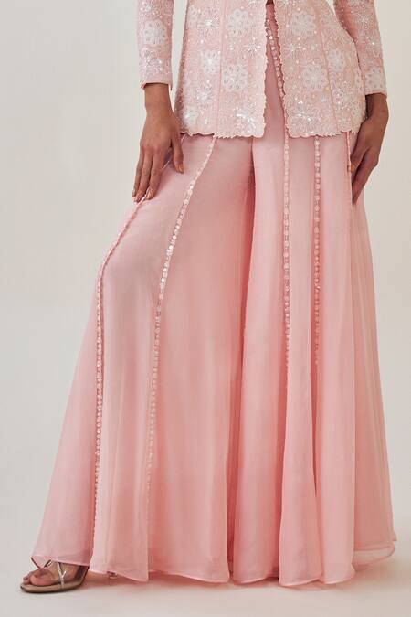 Madzin_Pink Cotton Satin, Silk, Chiffon Sequins, Hand Embroidered Jacket With Sharara _Online_at_Aza_Fashions