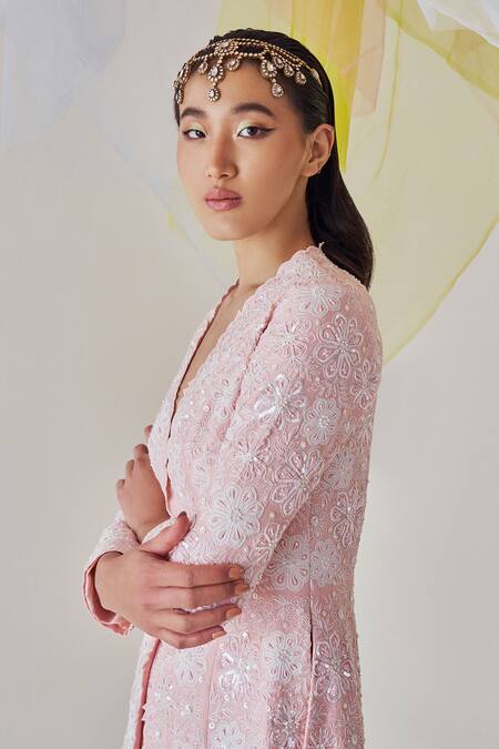 Buy_Madzin_Pink Cotton Satin, Silk, Chiffon Sequins, Hand Embroidered Jacket With Sharara _Online_at_Aza_Fashions