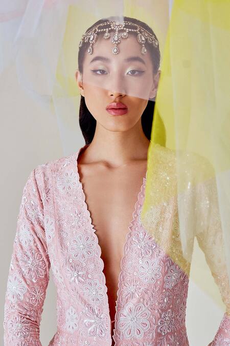 Shop_Madzin_Pink Cotton Satin, Silk, Chiffon Sequins, Hand Embroidered Jacket With Sharara _Online_at_Aza_Fashions