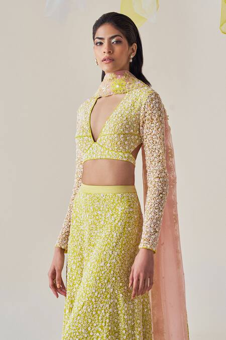 Buy Madzin Green Silk Organza Sequins, Beads, Embroidery V-neck Hand Blouse Sharara Set Online at Aza Fashions Buy_Madzin_Green Silk Organza Sequins, Beads, Embroidery V-neck Hand Blouse Sharara Set _Online_at_Aza_Fashions